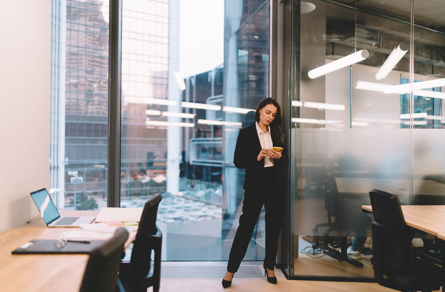 Businesswoman using a cellphone in an office.