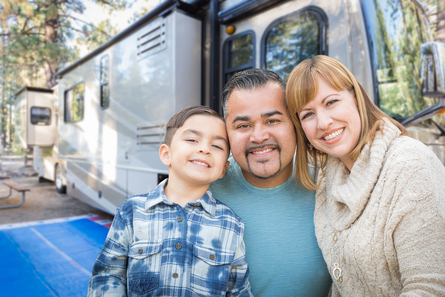 Family relaxing outside their motorhome.