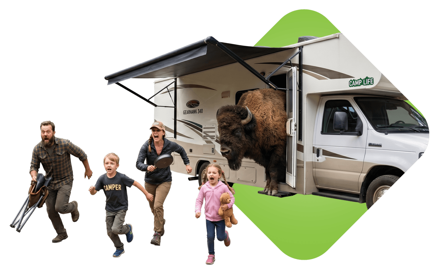 Family running from an RV with a bison.