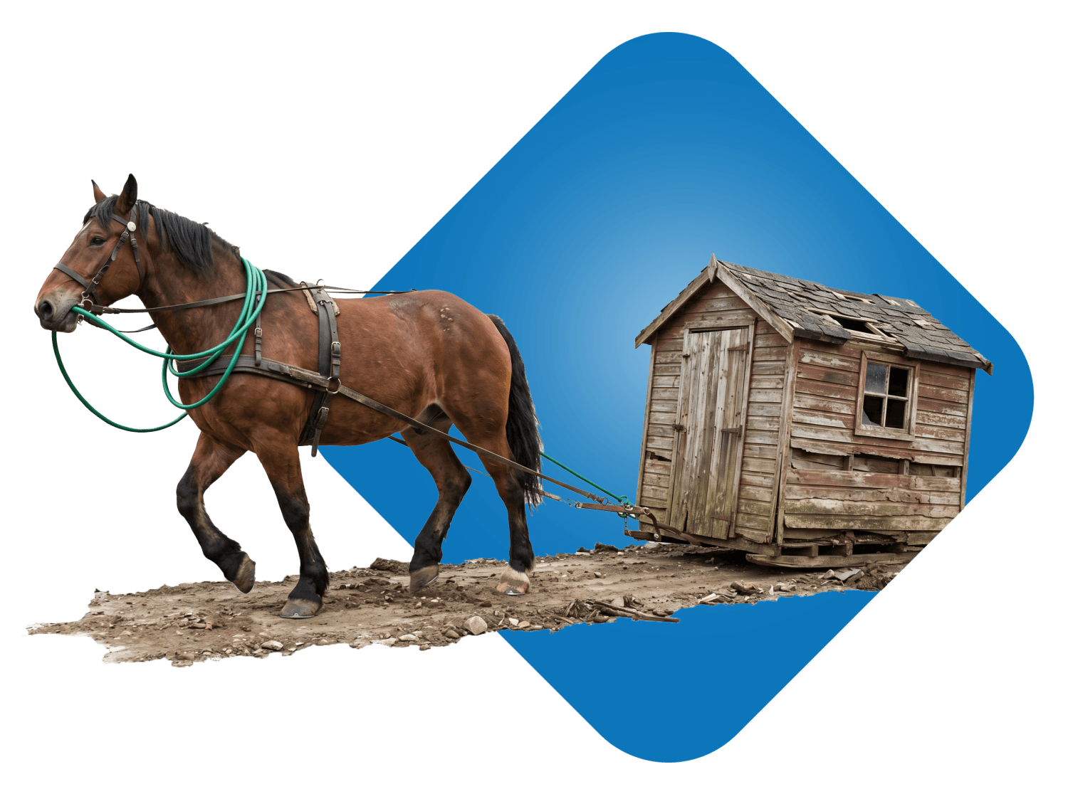 Horse pulling a small wooden shed.