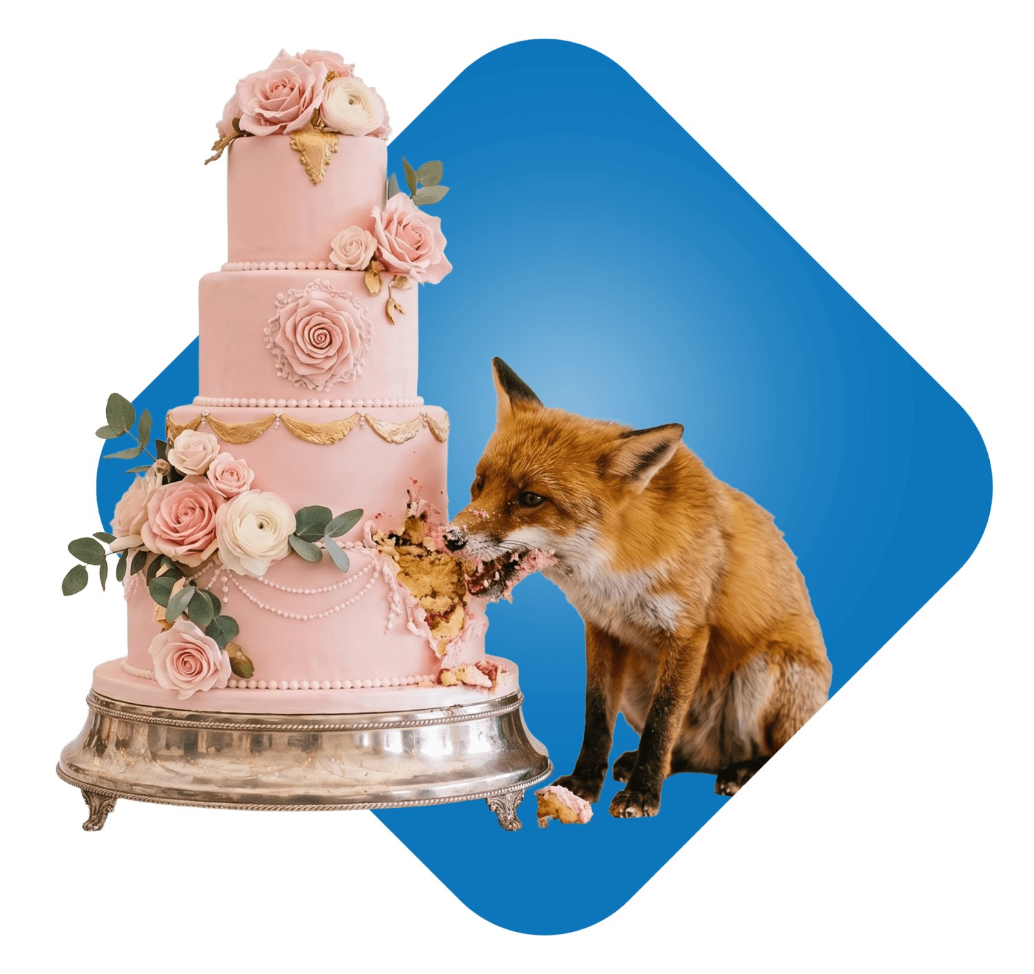 Wedding cake with a fox eating it.