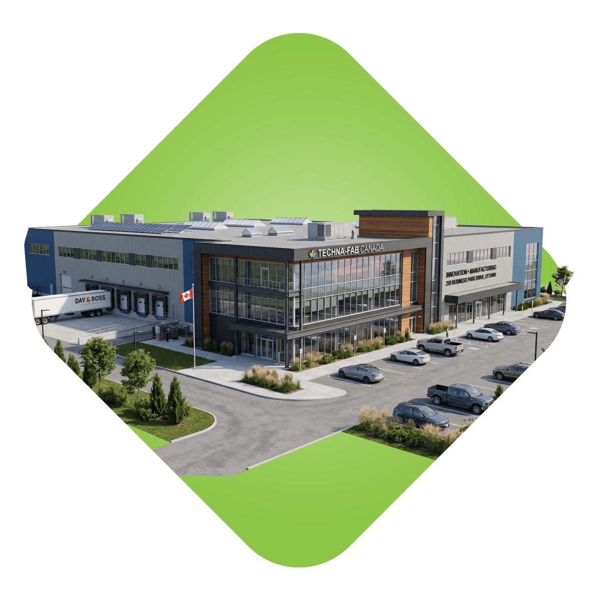 Modern commercial office and warehouse building.