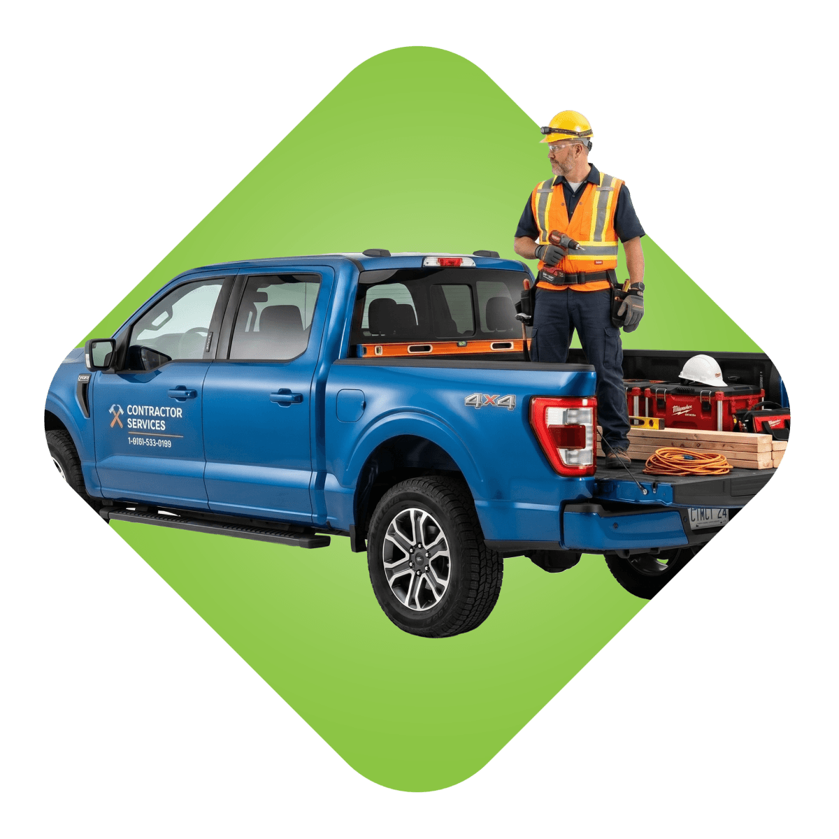 Contractor standing on a work truck.