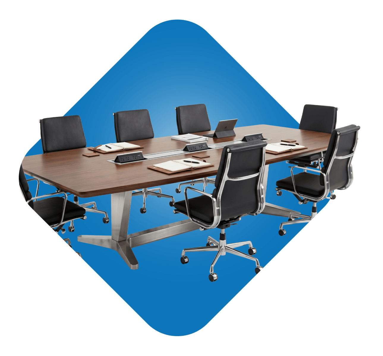 Modern conference room table with office chairs.
