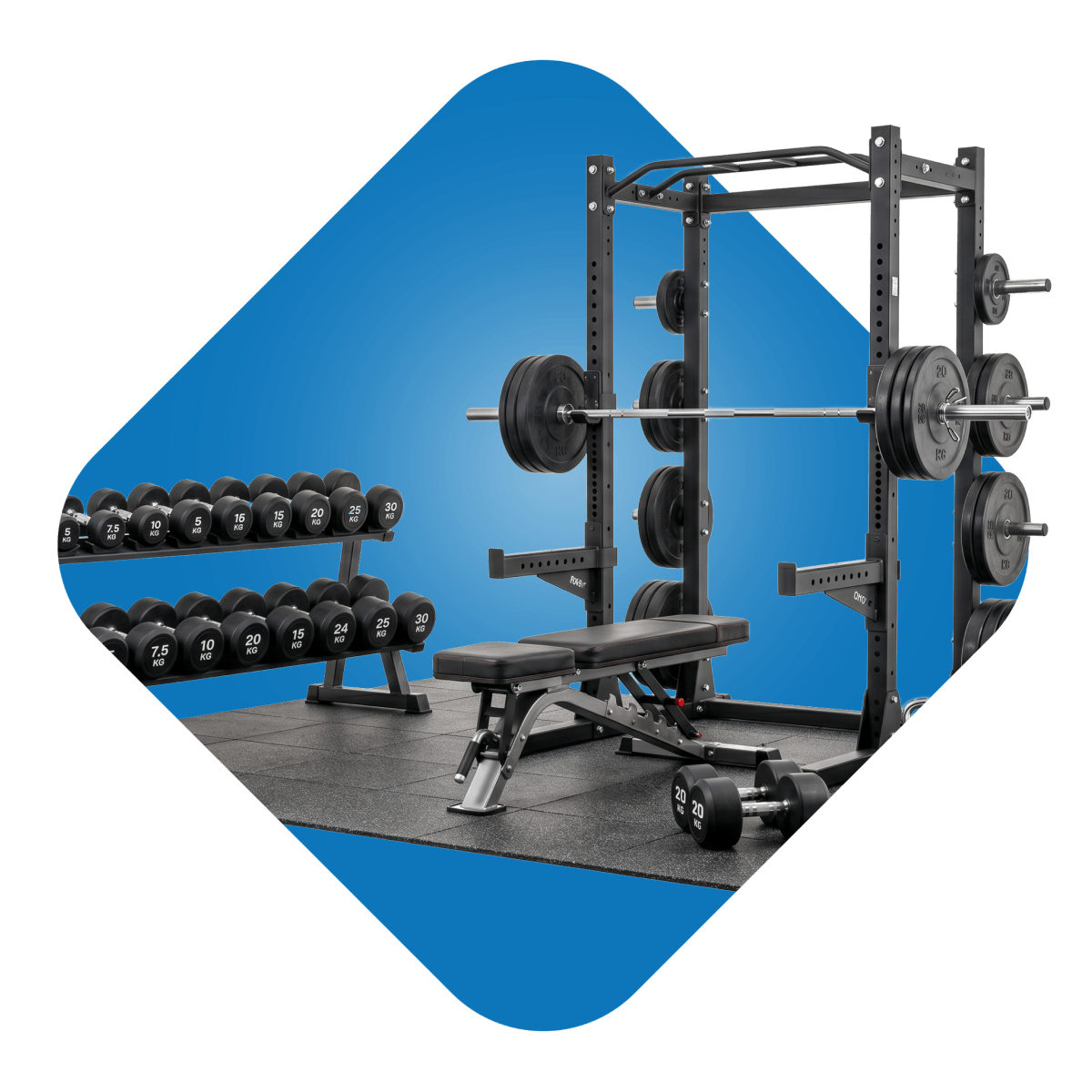 Home gym with weightlifting equipment.