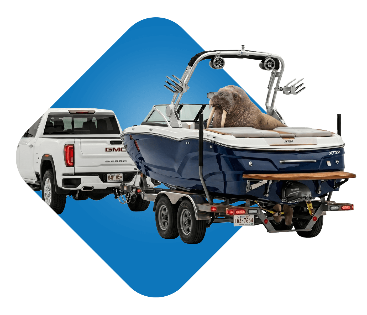 Pickup truck towing a boat.