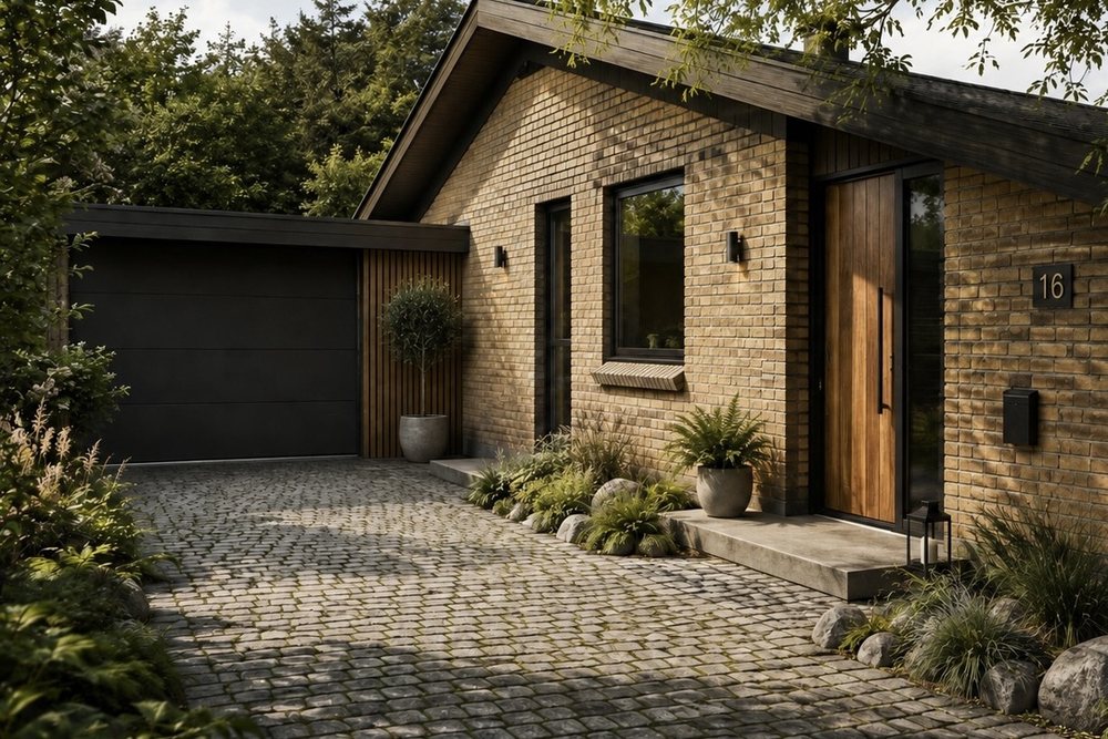 Visualiseret facade med gule mursten, trædør og brostensbelagt indkørsel