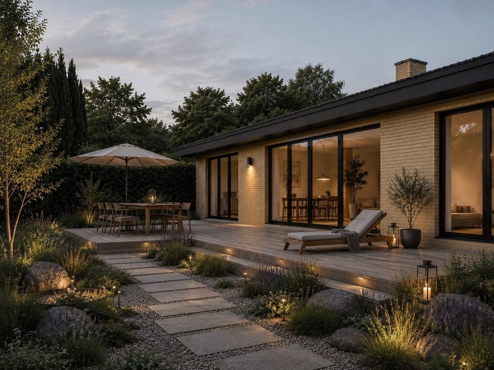 Visualiseret have med terrasse, beplantning og udendørs belysning i skumringen