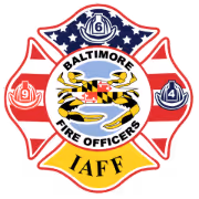 Baltimore Fire Officers IAFF logo with Maltese cross, American flag, and Maryland flag elements.