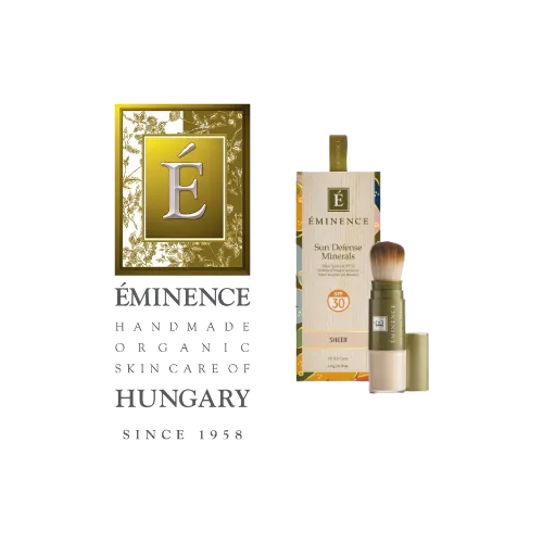 Eminence Sun Defense Minerals SPF 30 natural mineral sunscreen with brush and packaging.