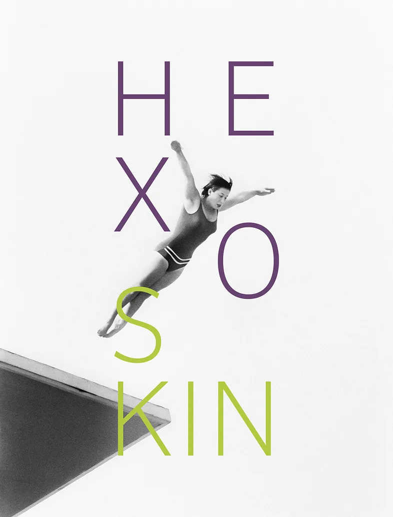 Person diving off a platform with letters HEXOSKIN overlaid in purple and green.