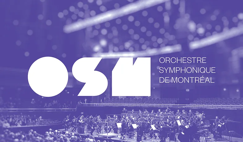 Orchestre Symphonique de Montréal logo over a symphony orchestra performing in a concert hall.