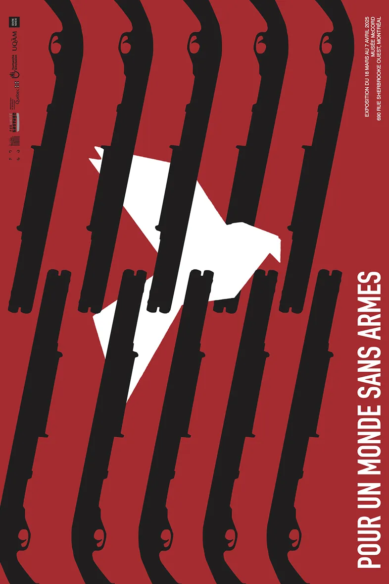 White dove silhouette hidden among vertical black rifles on a red background with French text.