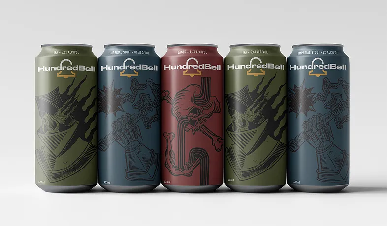 Five HundredBell beer cans with medieval-themed artwork in green, blue, and red arranged in a row.