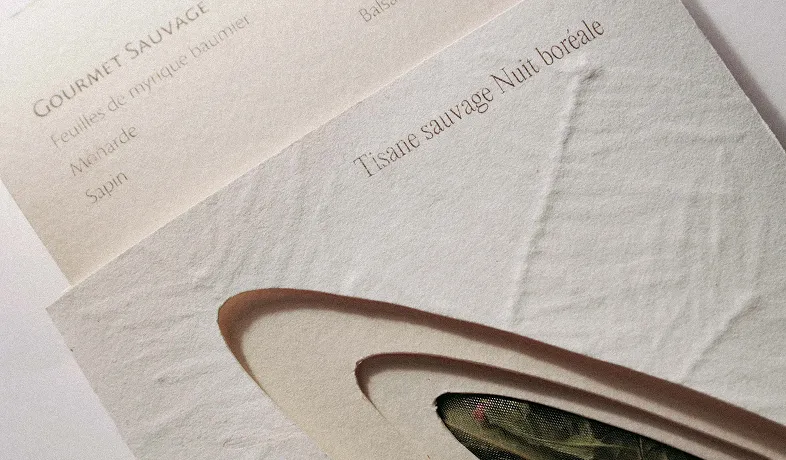 Close-up of textured paper packaging labeled Tisane Sauvage Nuit Boréale with dried leaves inside.