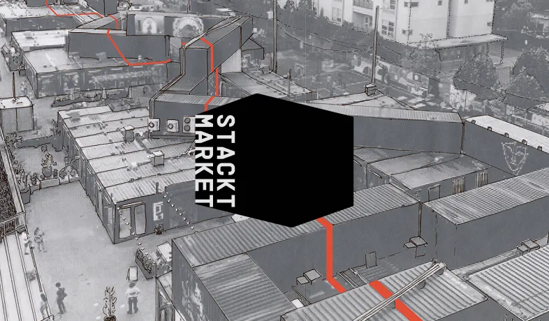 Aerial view of connected rooftop buildings marked with red lines and black cube with Stackt Market logo.