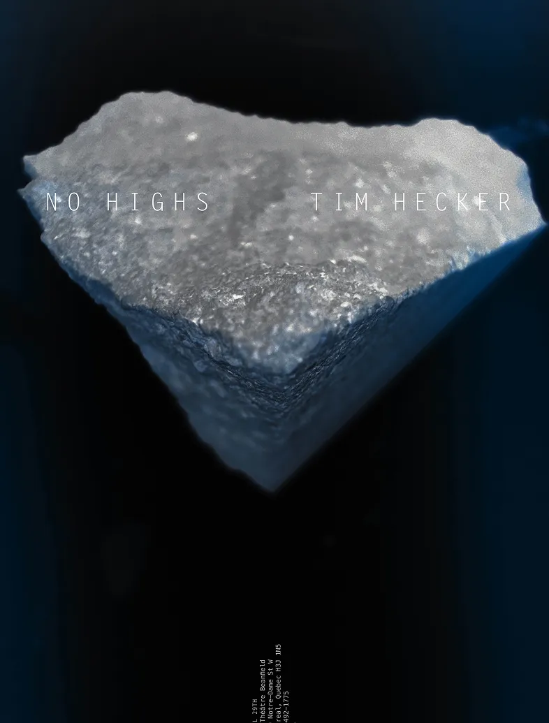 Close-up of a gray crystalline rock against a dark background with text 'NO HIGHS TIM HECKER'.