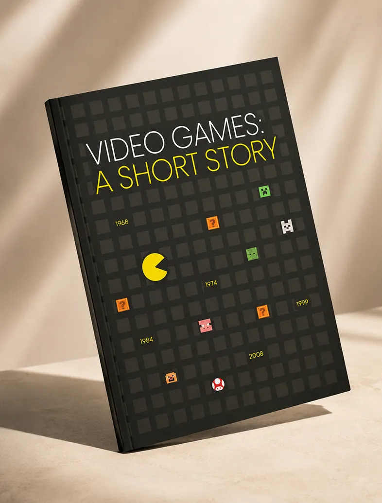 Black book titled 'Video Games: A Short Story' with pixelated game icons and years on the cover.