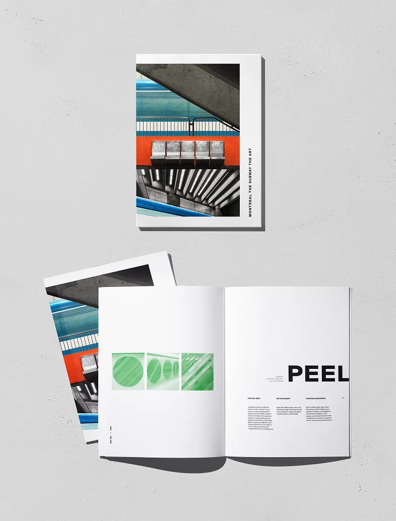Two books, one closed with subway art cover, one open to abstract green images and text titled PEEL.