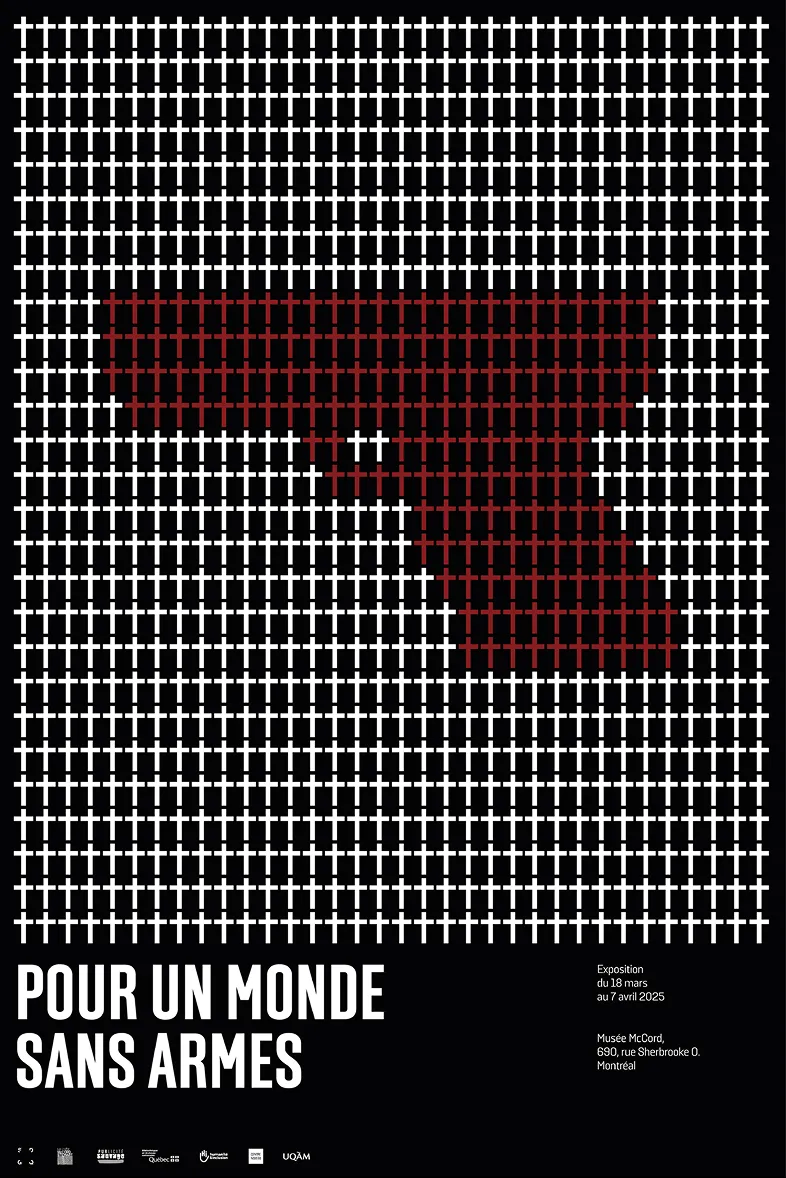 Poster with white crosses forming a red gun shape above text 'Pour un monde sans armes'.