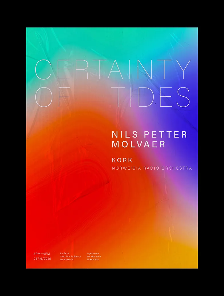Event poster with colorful gradient for Nils Petter Molvaer and KORK concert on May 16, 2025, in Montreal.