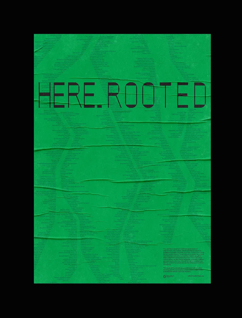 Green poster with large text HERE.ROOTED and smaller, faint text listing place names.
