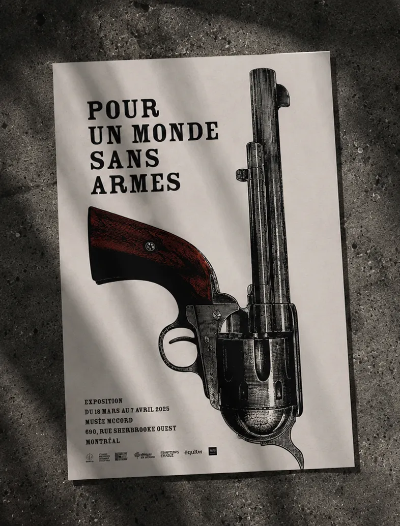 Poster with text 'Pour un monde sans armes' and an illustration of an upside-down revolver gun.