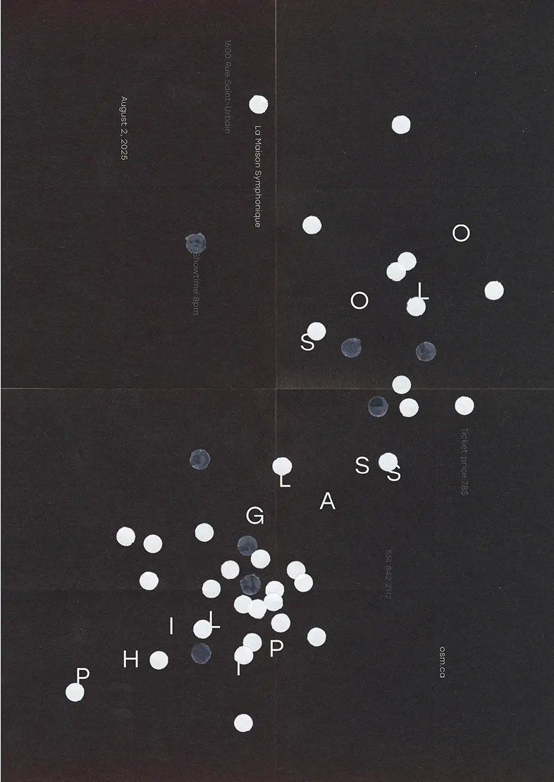 Modern black poster with scattered white dots and letters spelling out 'La Maison Symphony' and event details.