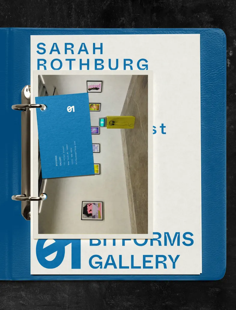 Blue binder with papers showing Sarah Rothburg and Bitforms Gallery, plus an art gallery photo.