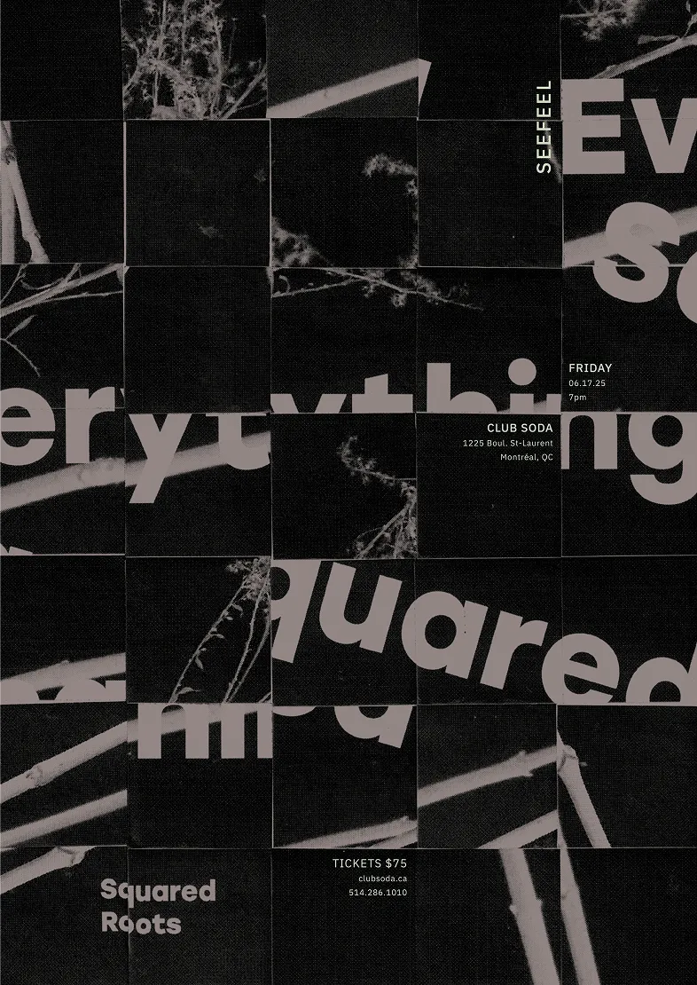 Text poster with 'Squared Roots' event info, Club Soda Montreal June 17, 2025, tickets $75, abstract plant image.