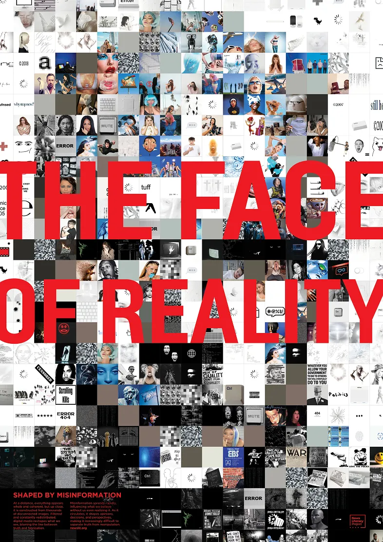 Collage of varied small images and text with large red text reading The Face of Reality.