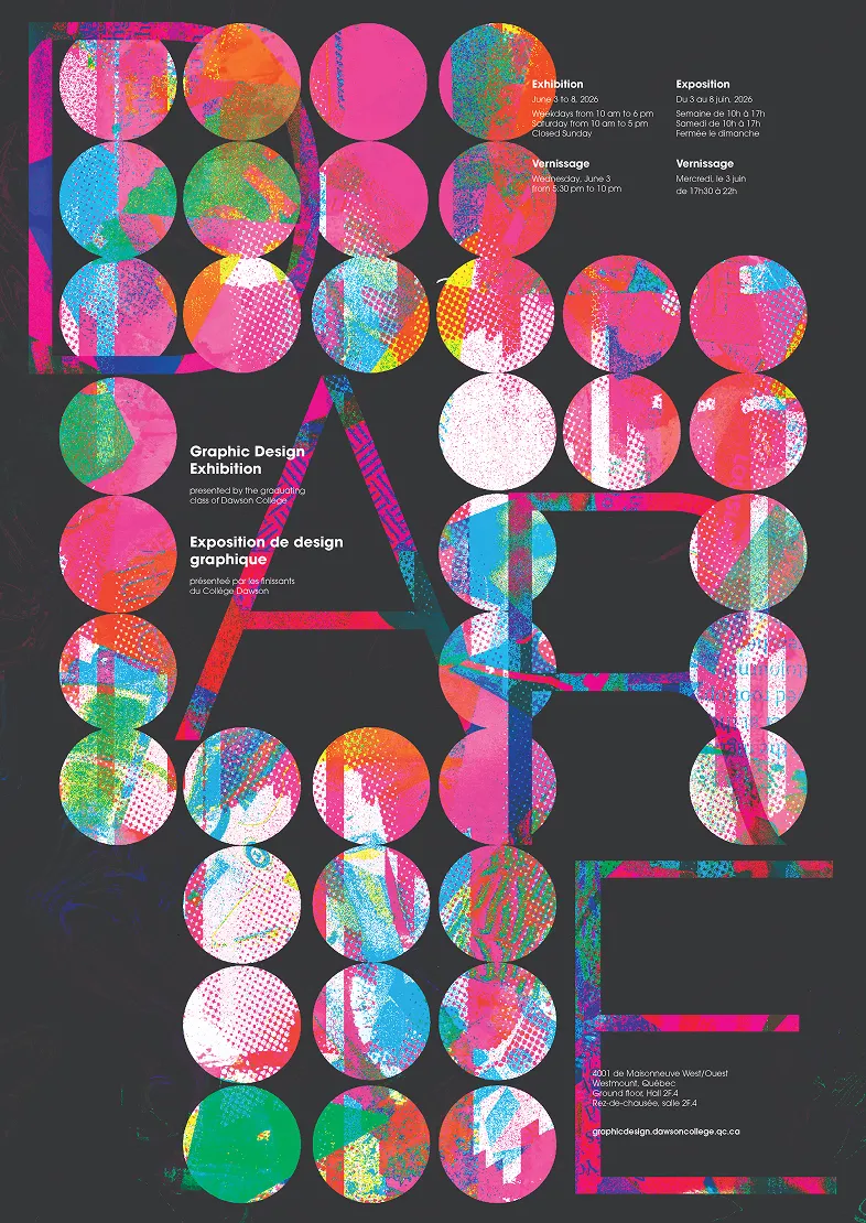 Colorful graphic design exhibition poster with large letters and vibrant circular patterns.