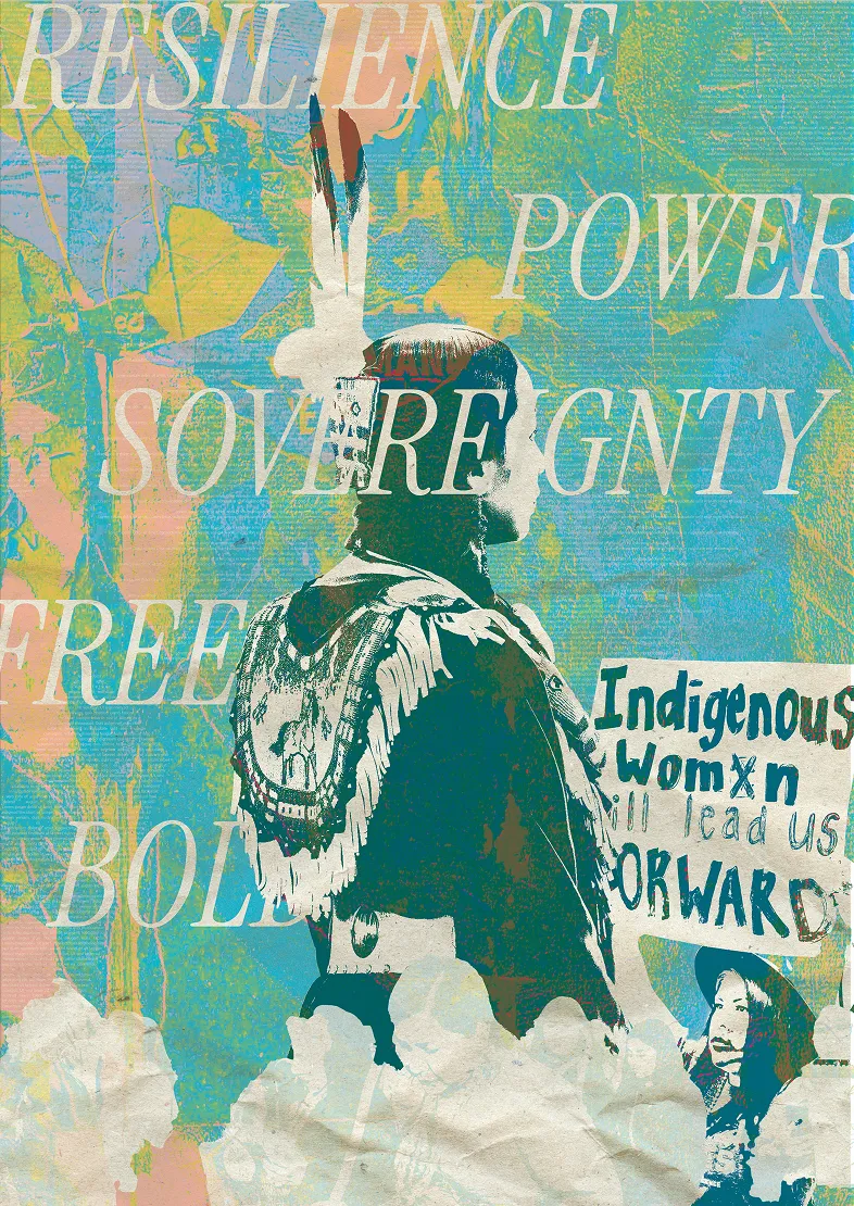 Profile of an Indigenous person in traditional attire holding a sign reading Indigenous womxn lead us forward.