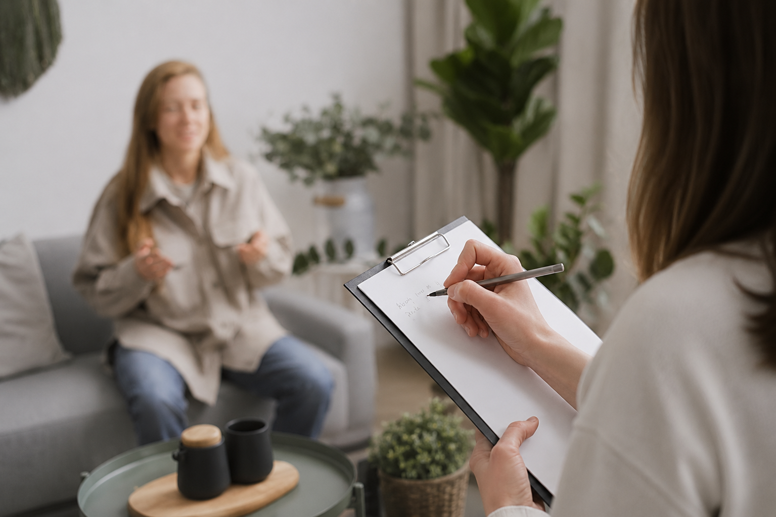 A woman writes "Hello" on a clipboard while another person sits on a couch.