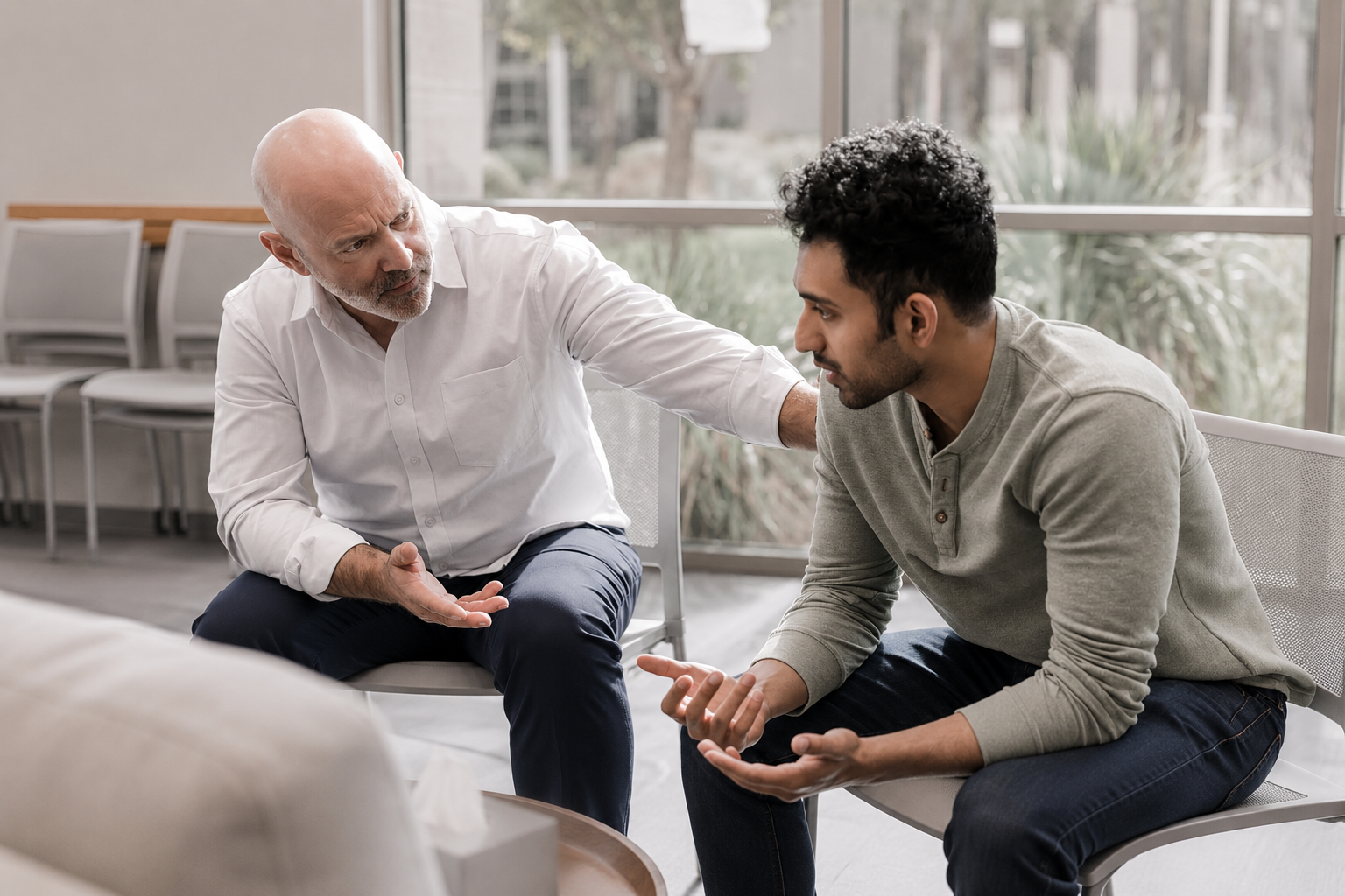 A bald man reaches toward a curly-haired man as they converse with hand gestures while seated indoors.