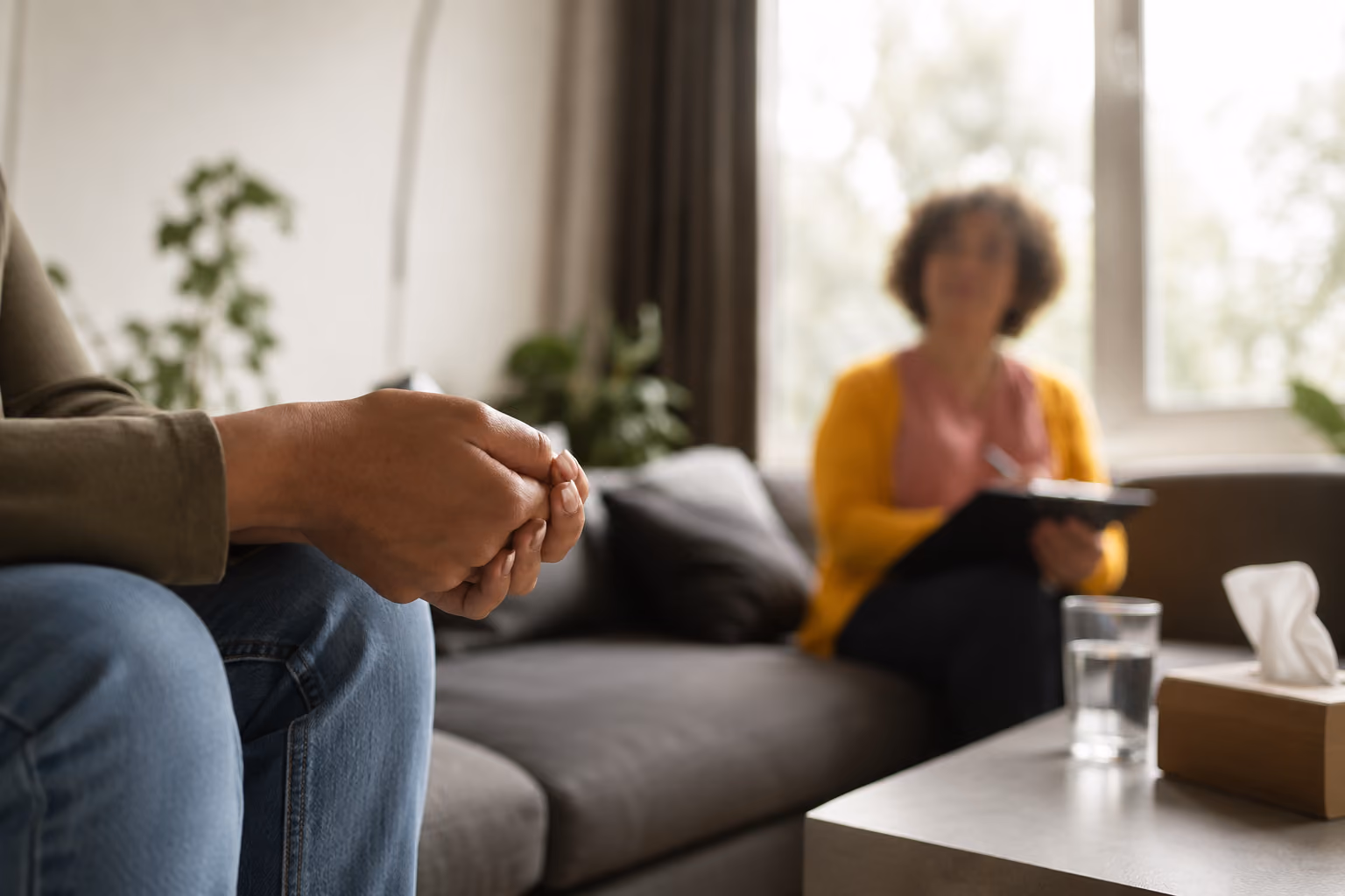 A person sits with clenched hands while a therapist records notes on a clipboard during a session.