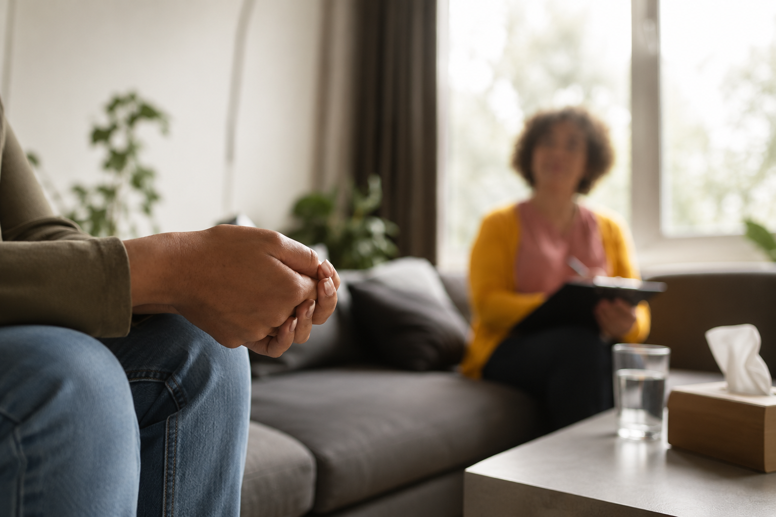 A person sits with clenched hands while a therapist records notes on a clipboard during a session.