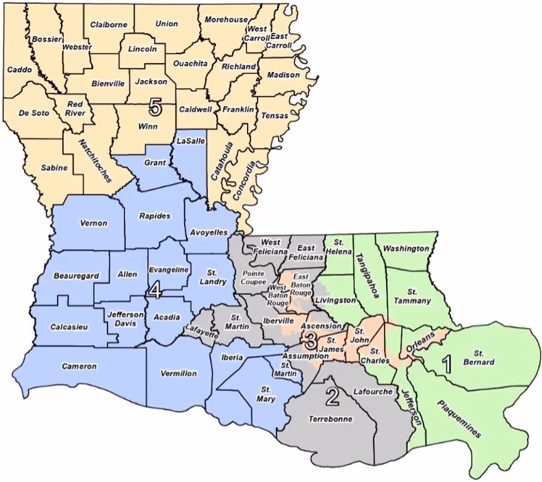 Map of Louisiana parishes grouped and color-coded into five numbered regions.