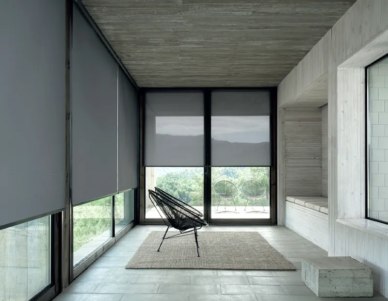 Minimalist room with concrete walls, gray roller shades, black wire chair, beige rug, and glass doors to balcony.