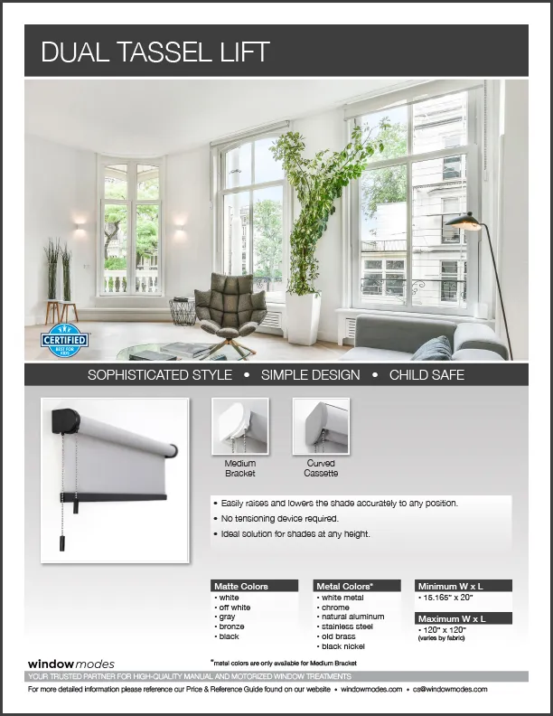 Product info for Dual Tassel Lift window shade with images of brackets and color options listed.