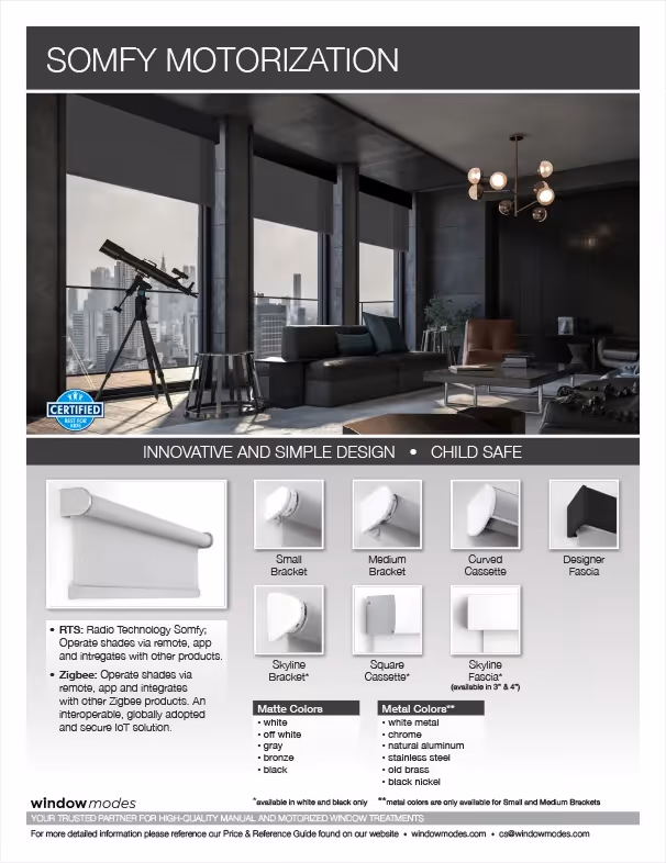 Modern living room with Somfy motorized shades and images of brackets, cassettes, and fascia options.