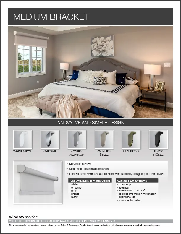 Modern bedroom with bed and various medium bracket finishes for window treatments displayed below.