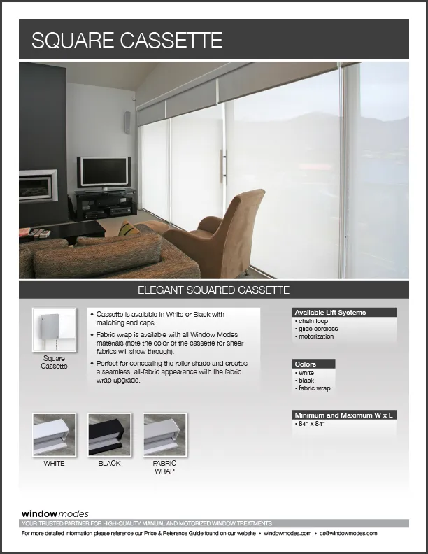 Living room with modern TV, couch, and large windows covered by white roller shades labeled Square Cassette.