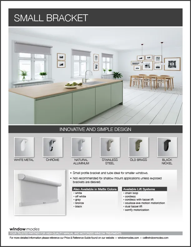 Modern kitchen with a large island and dining area, showing six small bracket finish options for window treatments.