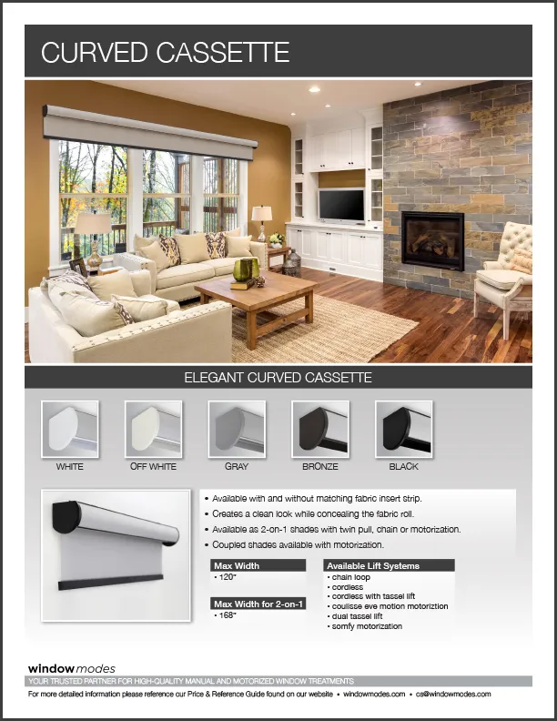 Modern living room with beige sofas, a fireplace, and curved cassette window shades in five colors.