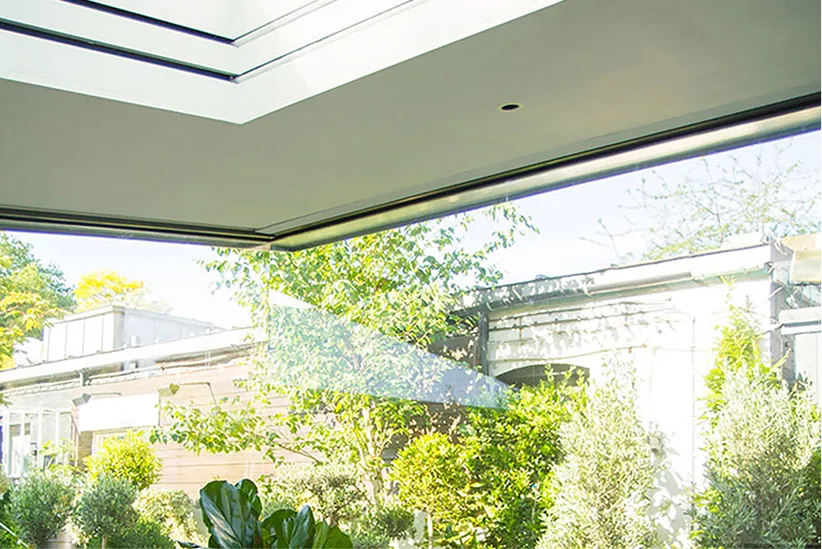View of a garden with green plants seen through a large window with a skylight ceiling.