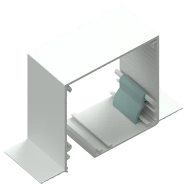 3D model of a white mechanical or structural component with rods and a blue-gray clip inside.