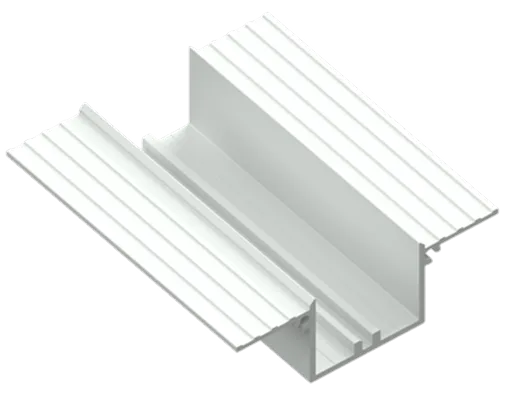 White aluminum track trim with ridged edges and a deep central channel for construction use.