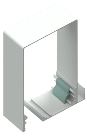 White industrial frame with a blue component and horizontal rods inside the base.