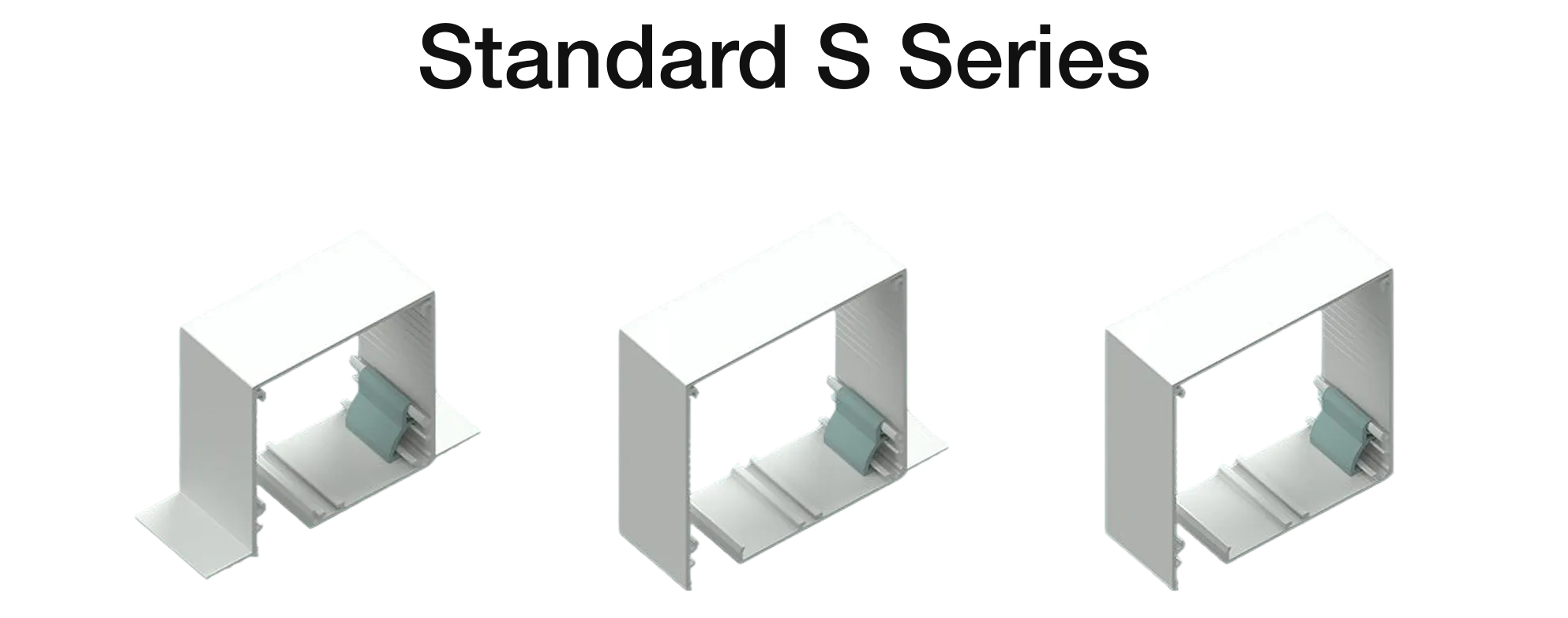Three white aluminum frames with a blue-gray roller blind inside, labeled Standard S Series.